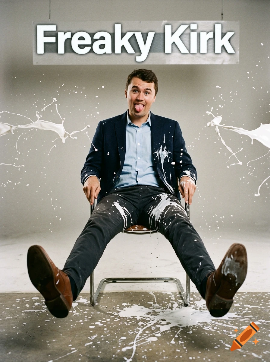 Photorealistic image of a man sitting on a chair, sticking his tongue out, with white splatters on him and a sign that reads Freaky Kirk.
