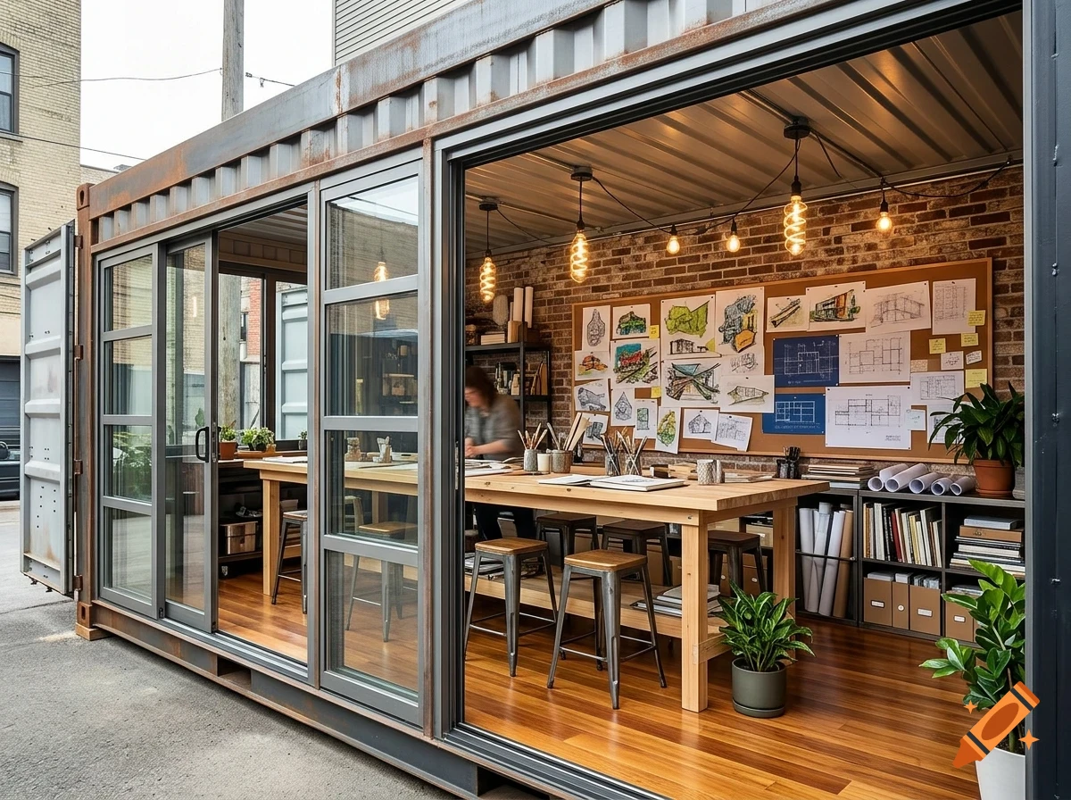 An industrial shipping container converted into a modern studio office space with glass sliding doors, a long wooden work table, and a brick accent wall.