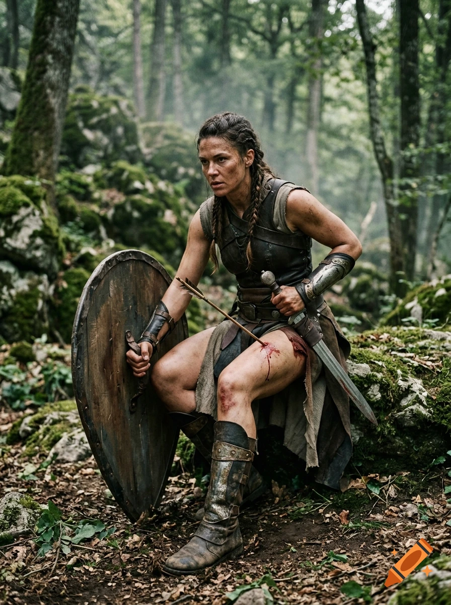 Photorealistic image of a wounded female Amazon warrior with an arrow in her thigh, holding a shield and sword in a forest.