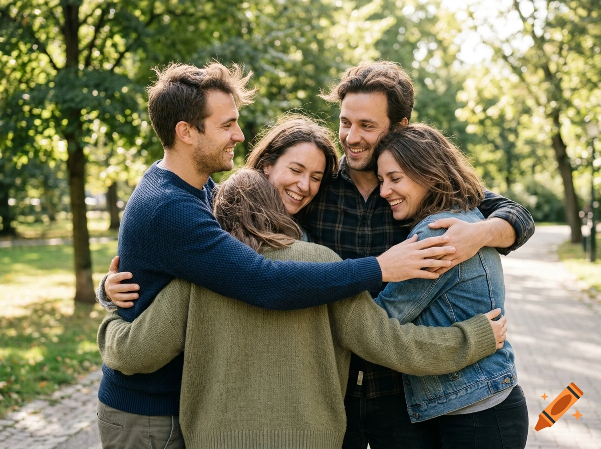 Four friends hugging each other in a park with trees in the background, photorealistic style.