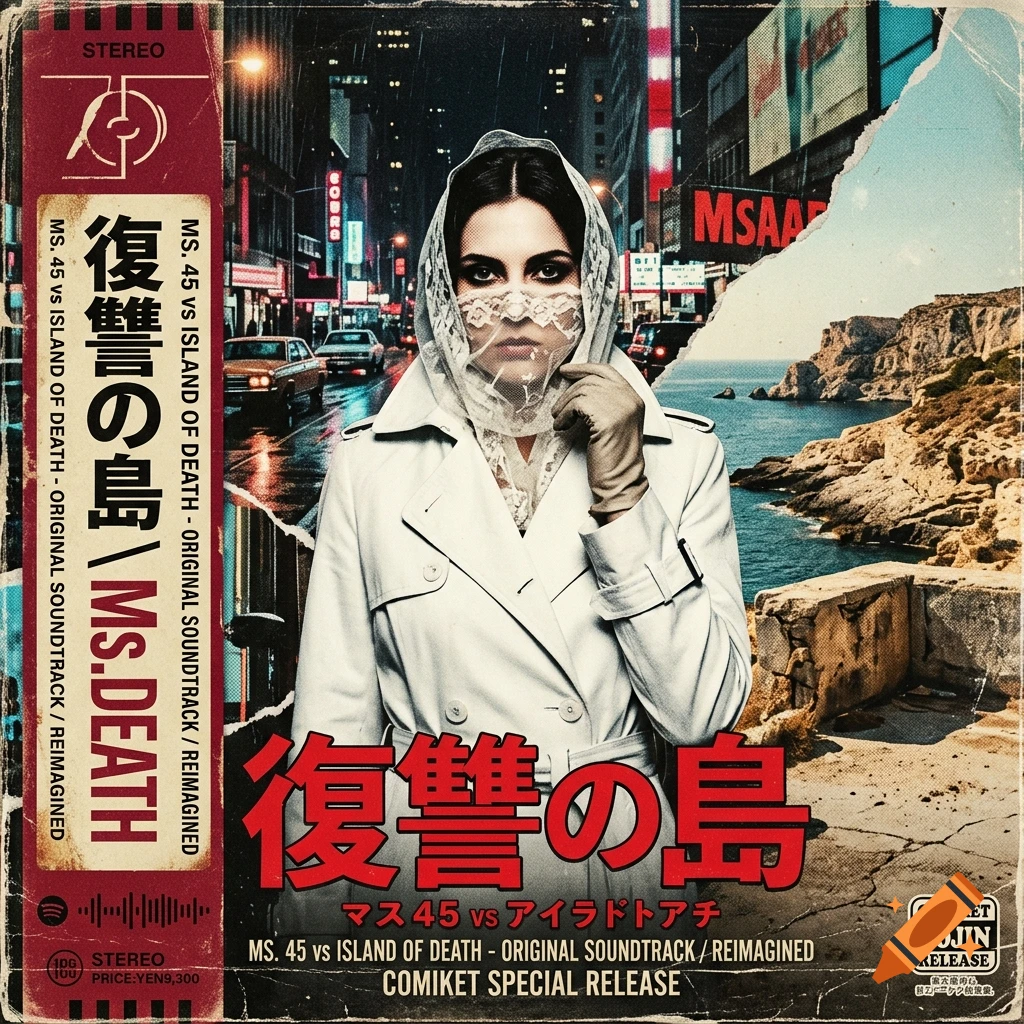 Vintage music album cover art featuring a woman with a veiled face in a trench coat against a city street and coastal background.
