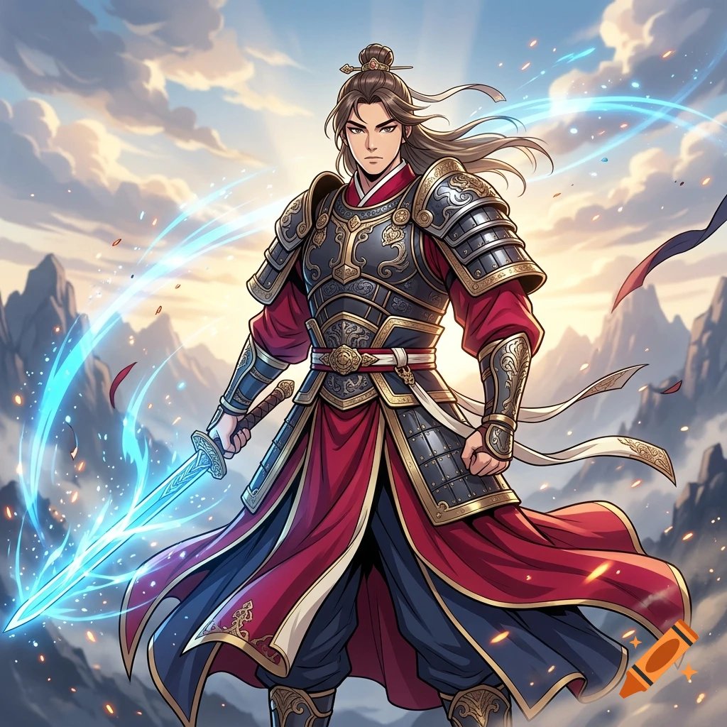 Webtoon style anime illustration of a fantasy Korean general in ornate armor wielding a glowing sword.
