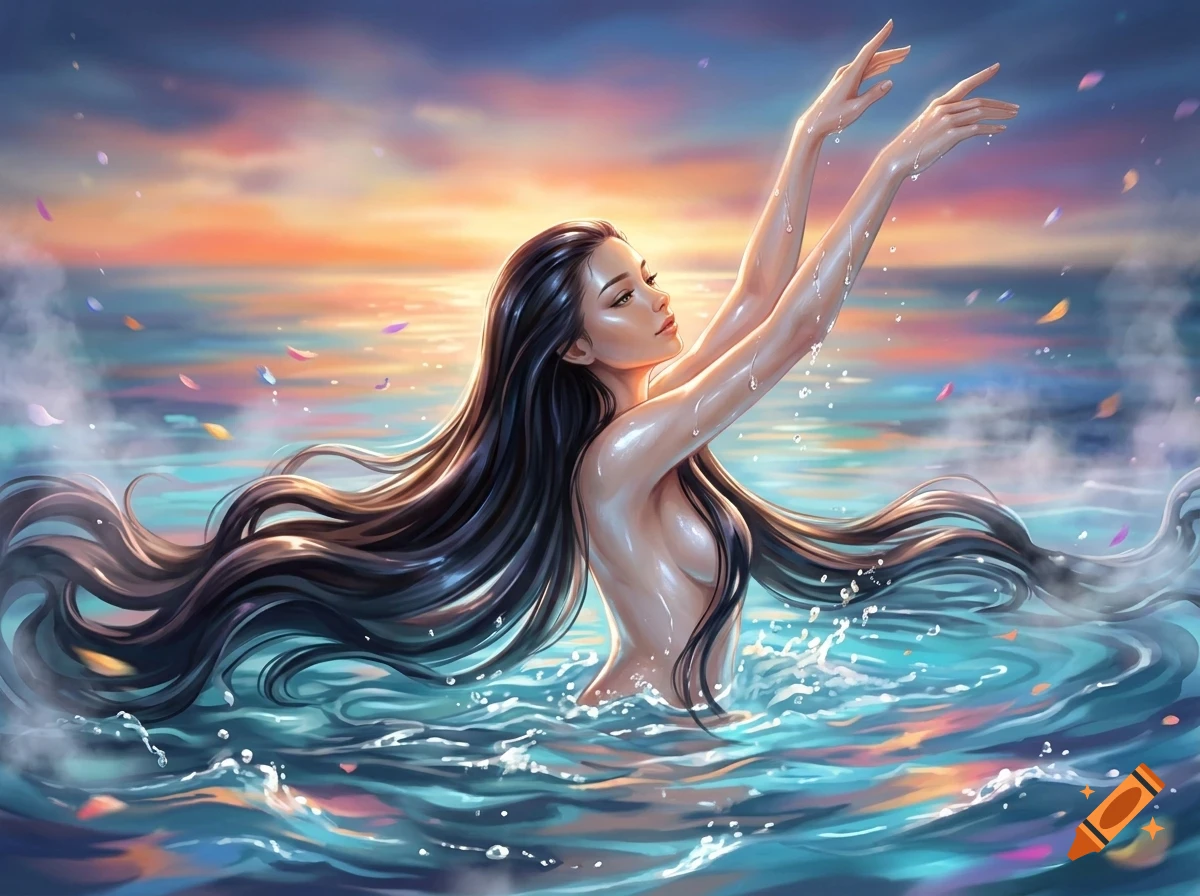 A digital painting of a woman with long dark hair bathing in water with her arms raised against a sunset sky.
