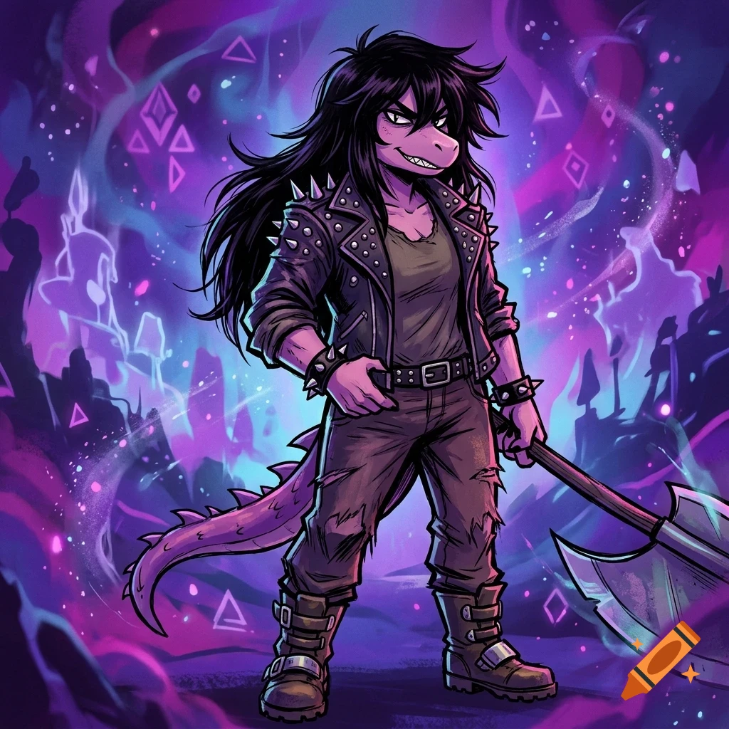 An anthropomorphic purple reptilian character with long black hair, wearing a spiked leather jacket and holding an axe, stands in a glowing purple fantasy landscape.