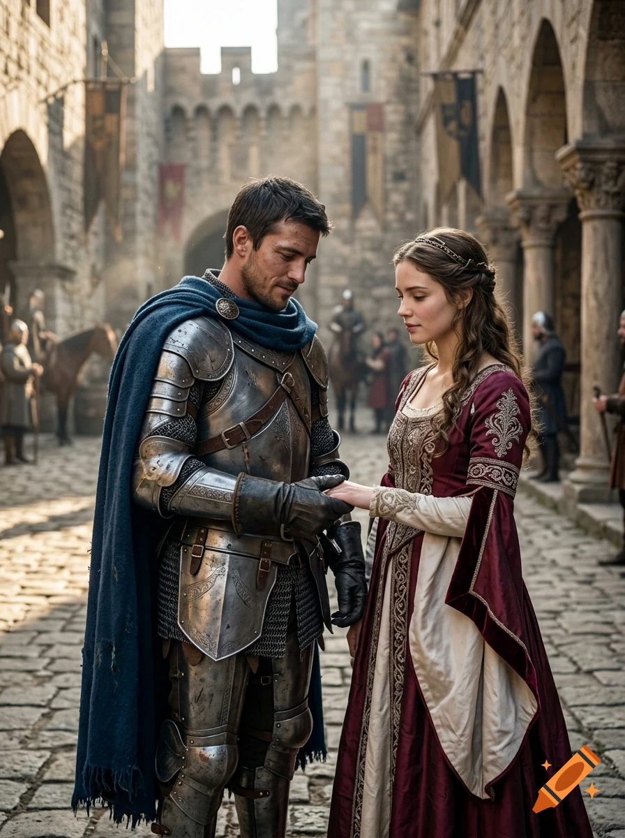 A knight in medieval plate armor and blue cape holding hands with a noblewoman in a crimson dress within a castle courtyard.
