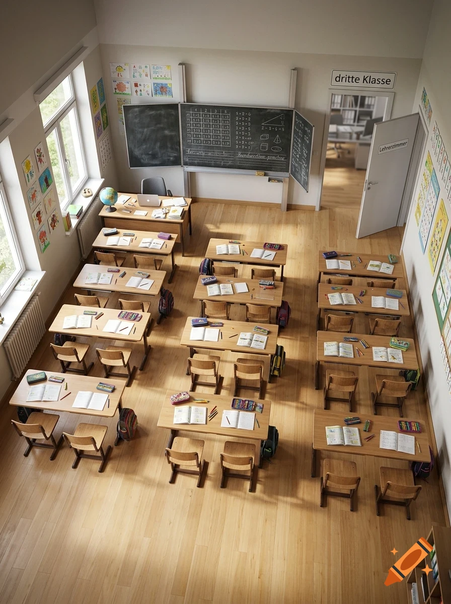 An elevated, wide-angle interior view of an empty school classroom featuring rows of wooden desks and chairs facing a large chalkboard, with windows on the left and a doorway leading to a hallway on the right.