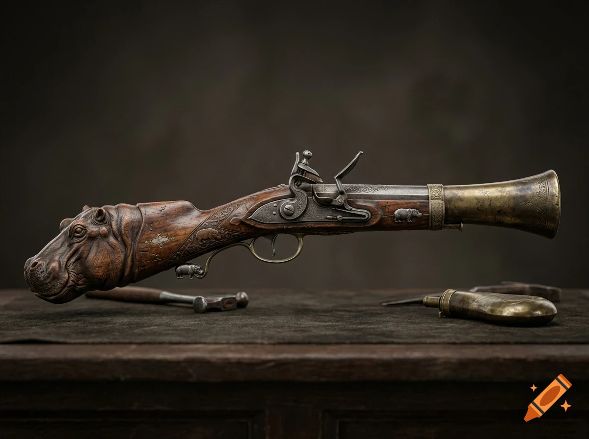 An ornate flintlock blunderbuss with a wooden stock carved into the shape of a hippopotamus head rests on a workbench.
