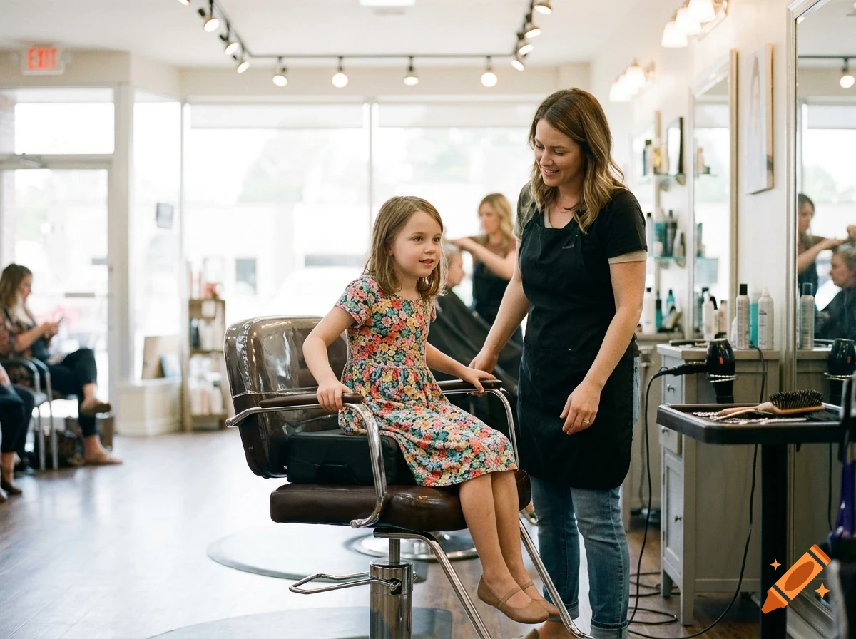 A smiling young girl in a floral dress sits in a salon chair as a hairstylist looks on.