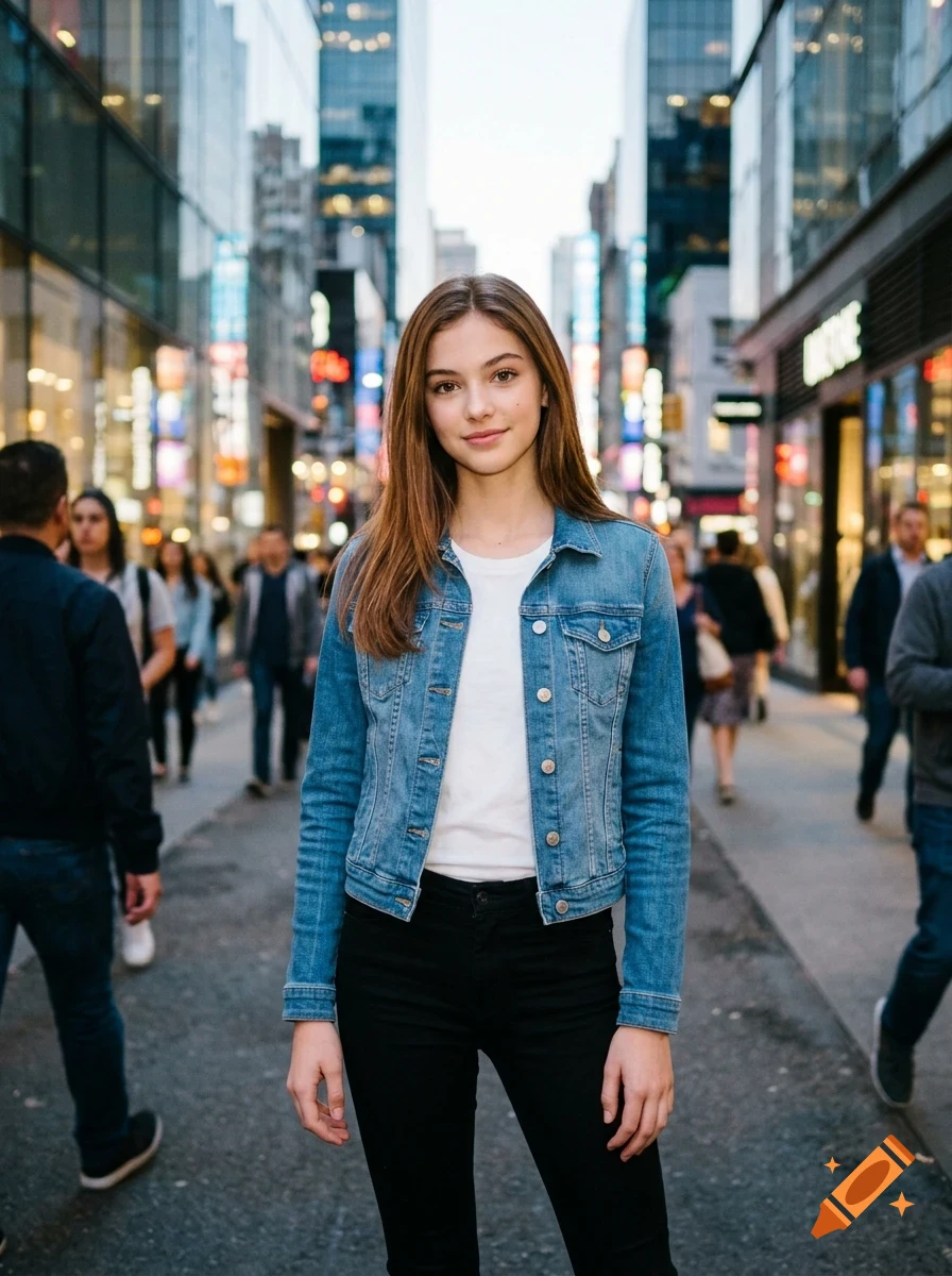 A young woman wearing a denim jacket and white t-shirt stands on a bustling city street with blurred pedestrians and buildings in the background.