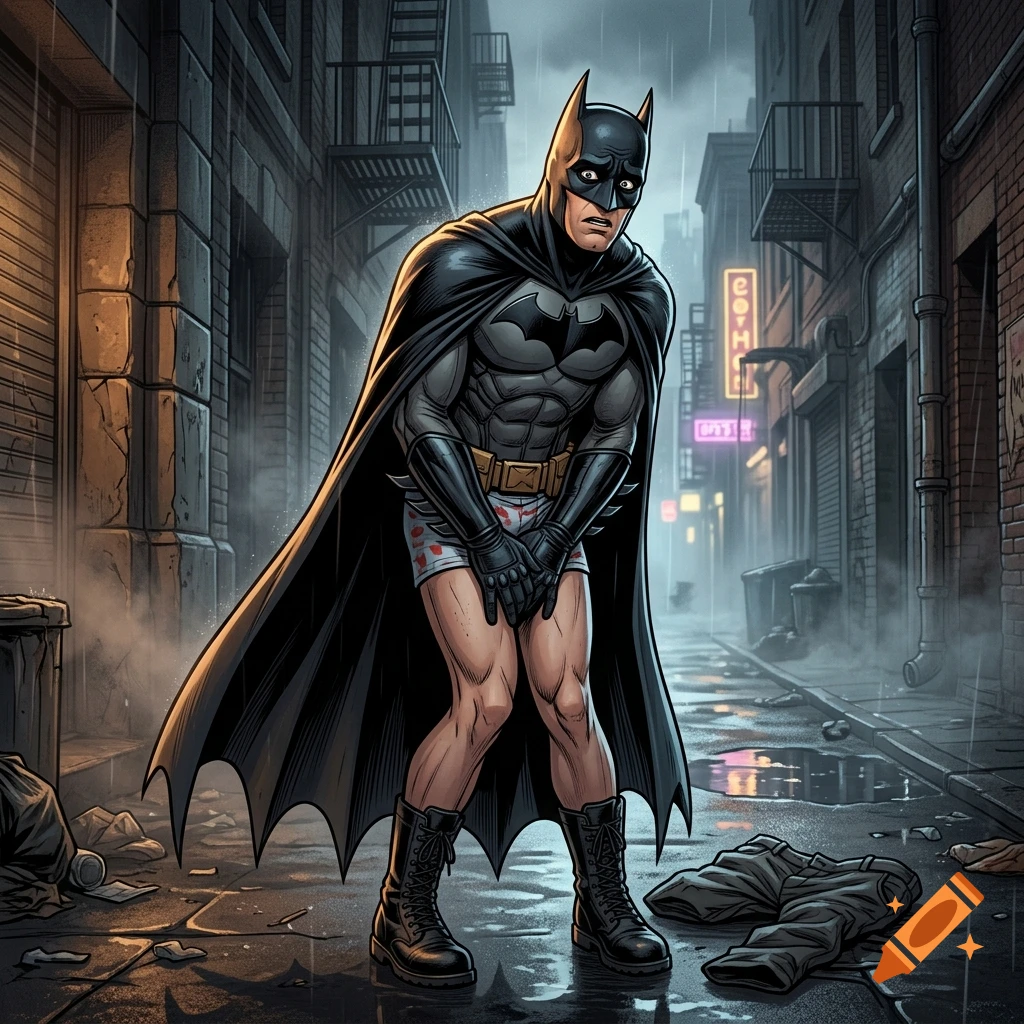 Comic book style illustration of Batman standing in a rainy alleyway without his trousers, covering himself with his hands.
