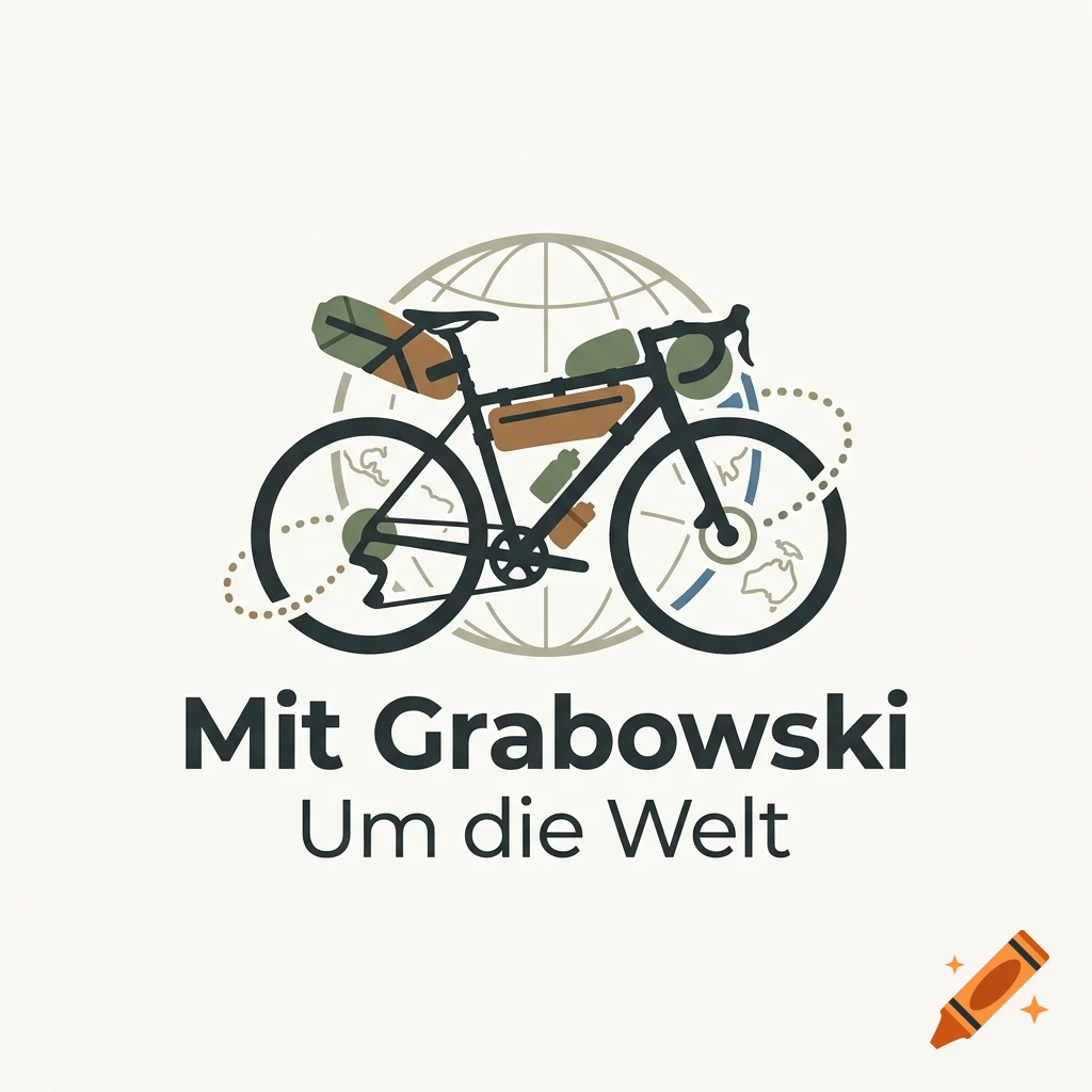 Minimalist logo for Mit Grabowski Um die Welt featuring a loaded bikepacking bicycle in front of a globe.