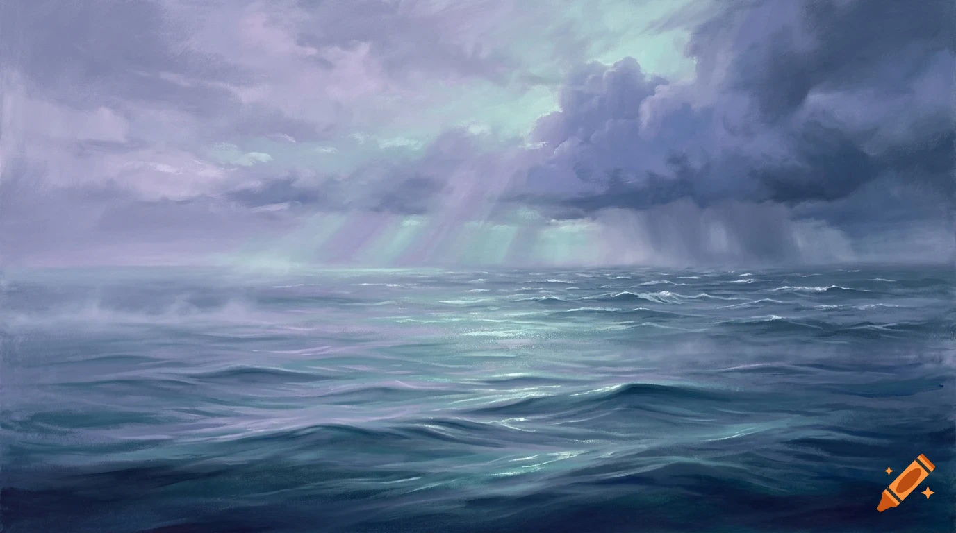 Digital painting of a calm ocean under a moody, cloudy sky with soft sunlight filtering through.