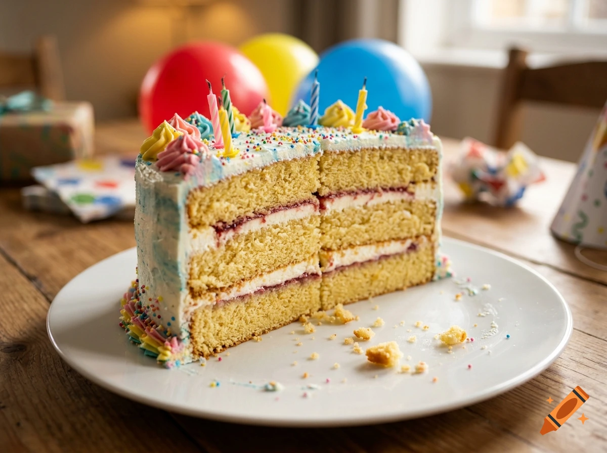 Photorealistic image of a half cut birthday cake with candles and jam filling on a white plate on a wooden table.