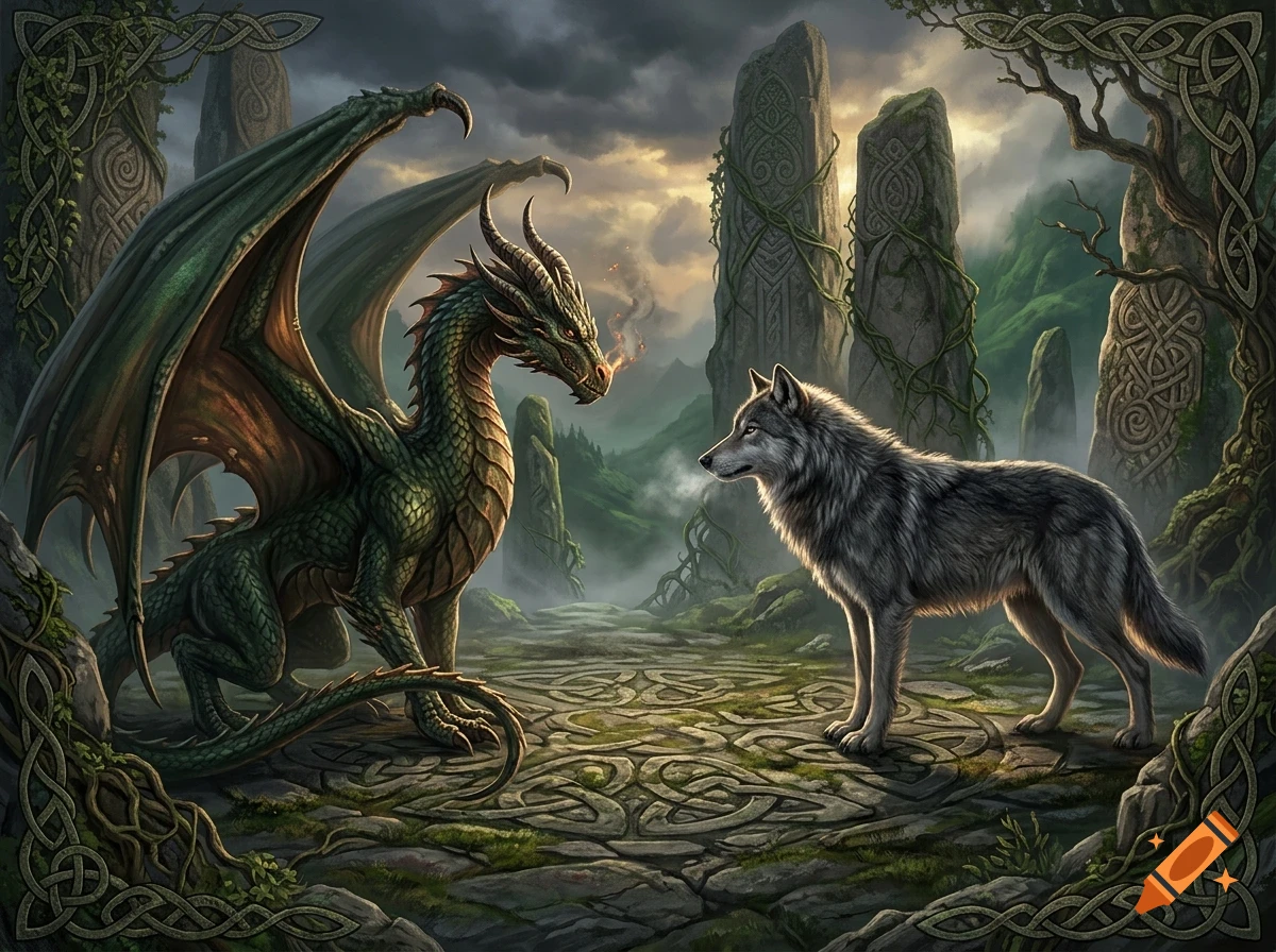 A detailed digital illustration featuring a green fantasy dragon and a gray wolf facing each other inside a stone circle with Celtic knotwork borders, set against a mystical landscape with standing stones and misty mountains.