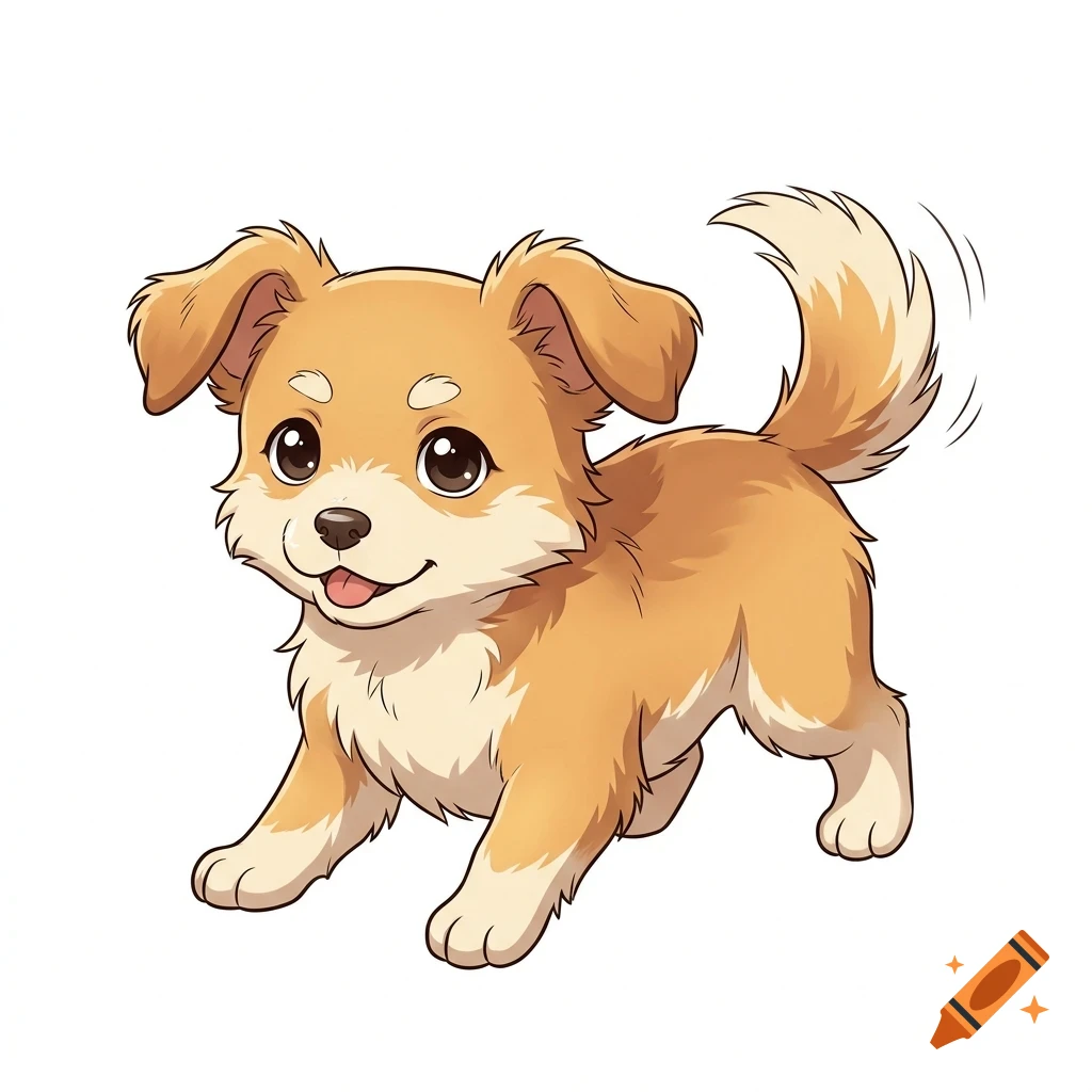 An illustrated cute light brown puppy with floppy ears and a wagging tail.