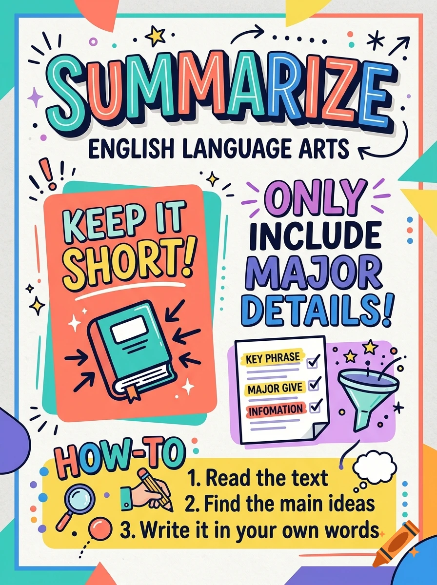 Colorful ELA educational poster with the title SUMMARIZE and instructions for reading and finding main ideas.