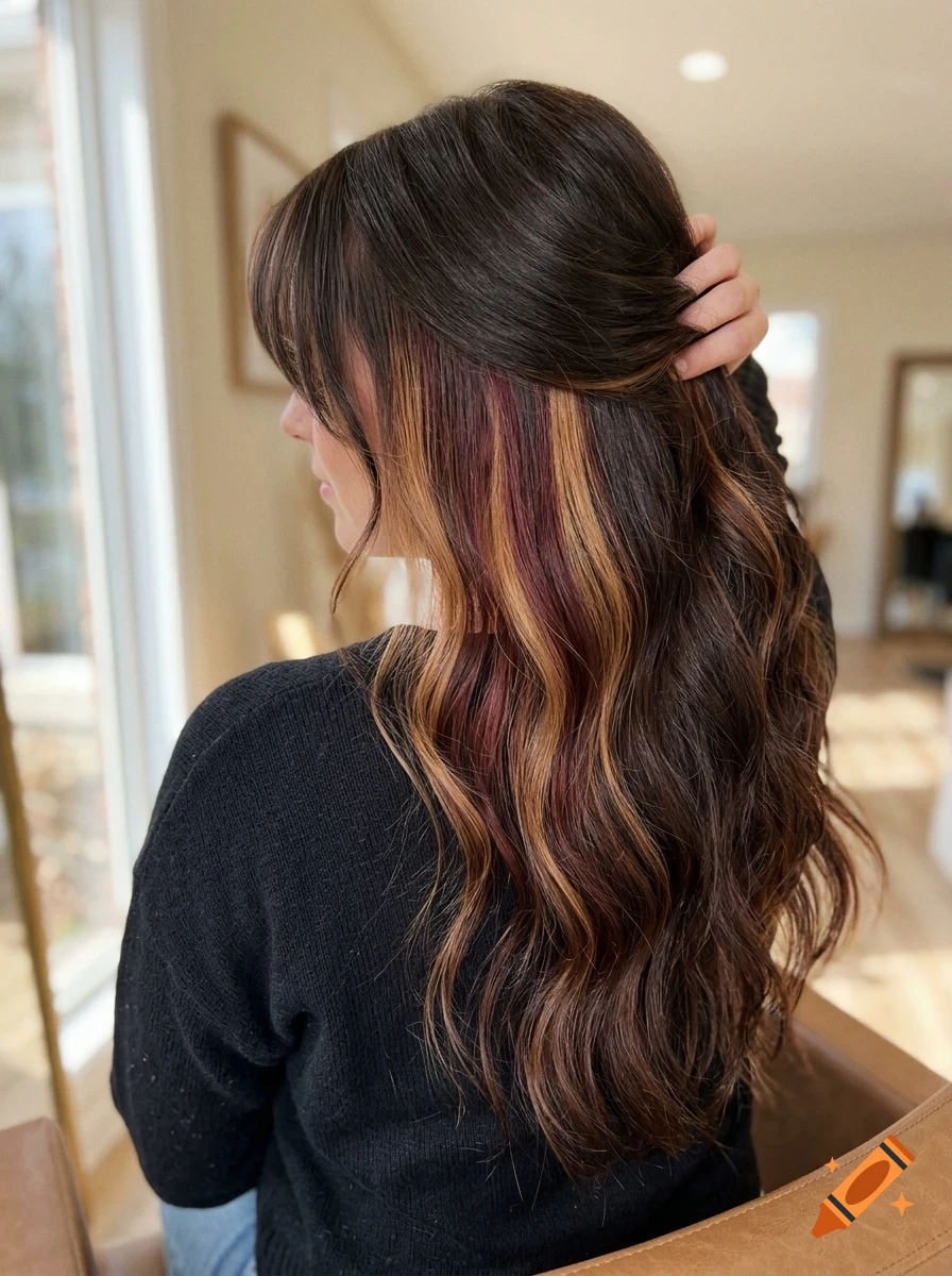 A profile view of a person with long, wavy dark brown hair featuring layered highlights in blonde and deep red shades.
