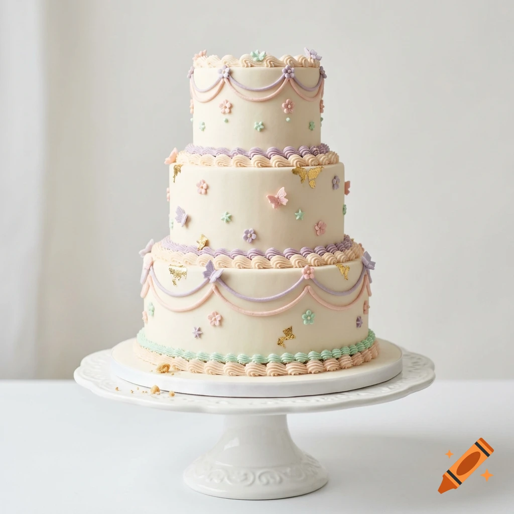 A three-tier white cake decorated with pastel flowers, piping, and gold butterfly accents on a white cake stand.