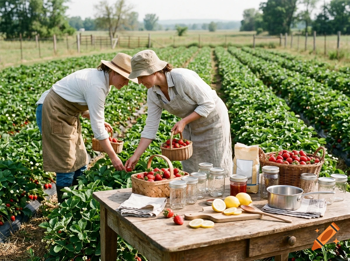 Two women harvesting strawberries in a field with a wooden table full of fresh berries, jars, and lemons in the foreground.