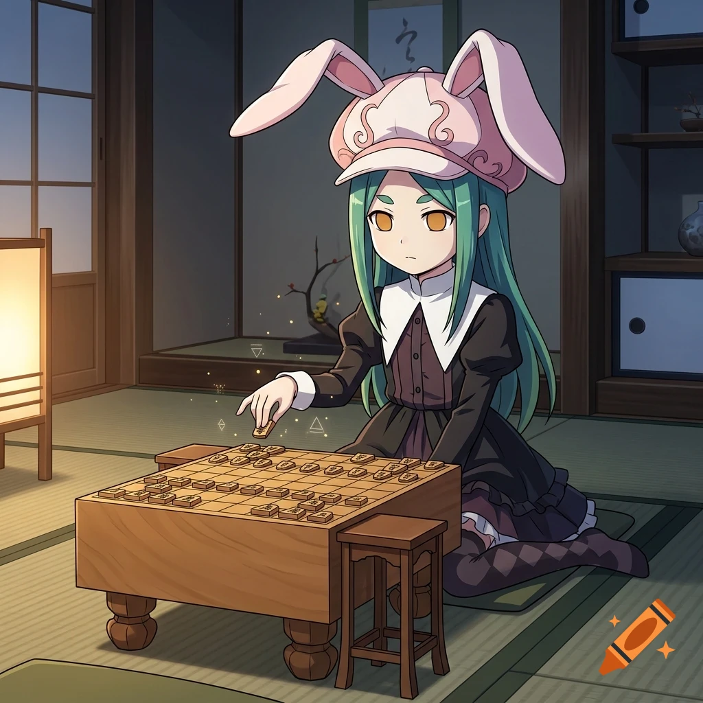 An anime-style girl with green hair and a bunny ear hat playing shogi on a wooden board inside a traditional room.