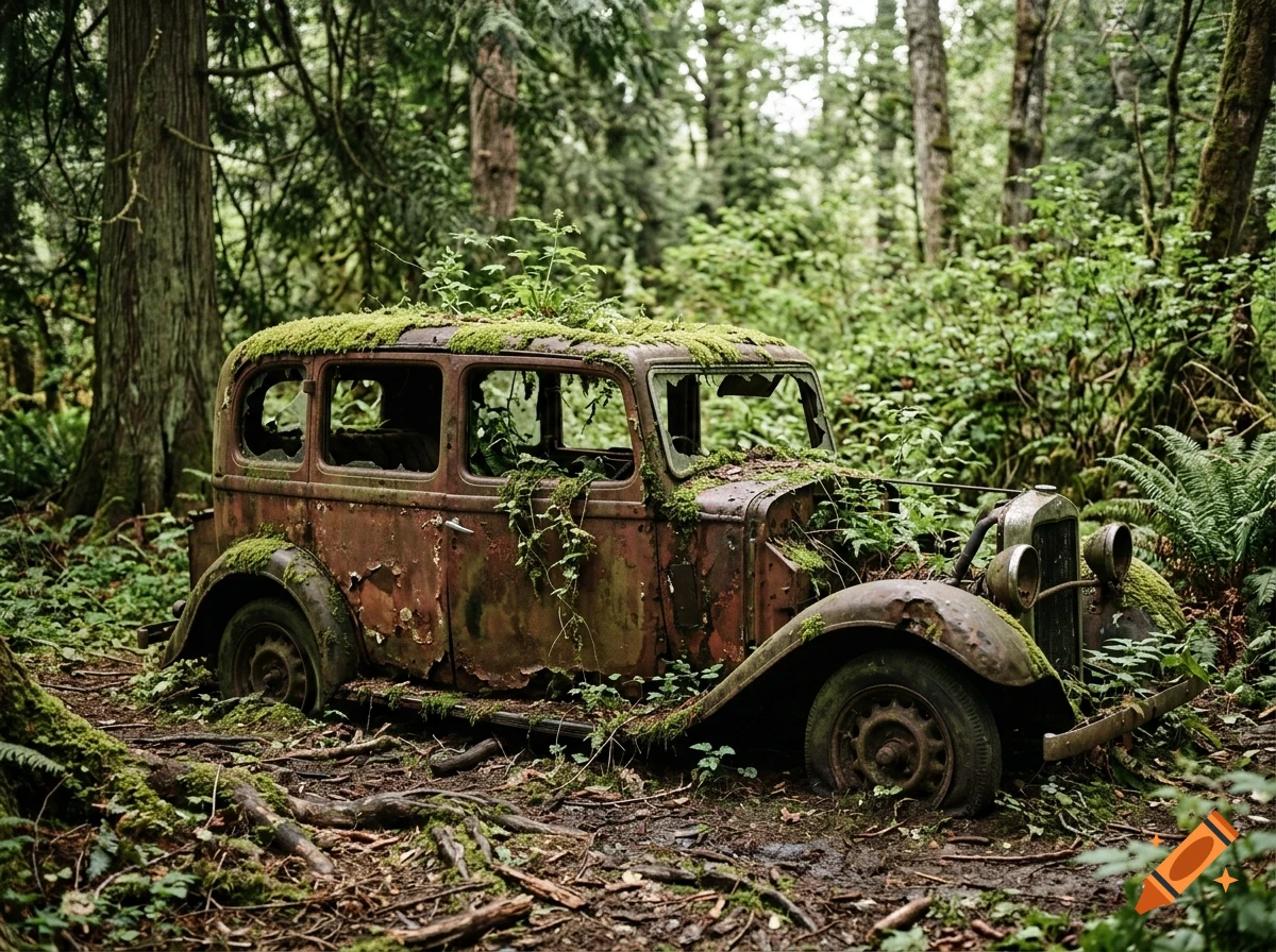An old, rusty vintage car sits abandoned and overgrown with moss and ferns deep inside a dense forest.