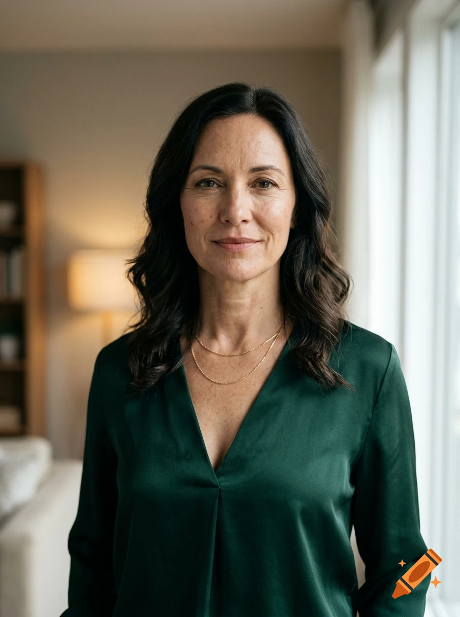 Photorealistic portrait of a mature woman with dark hair wearing a green V-neck blouse, standing indoors near a window.