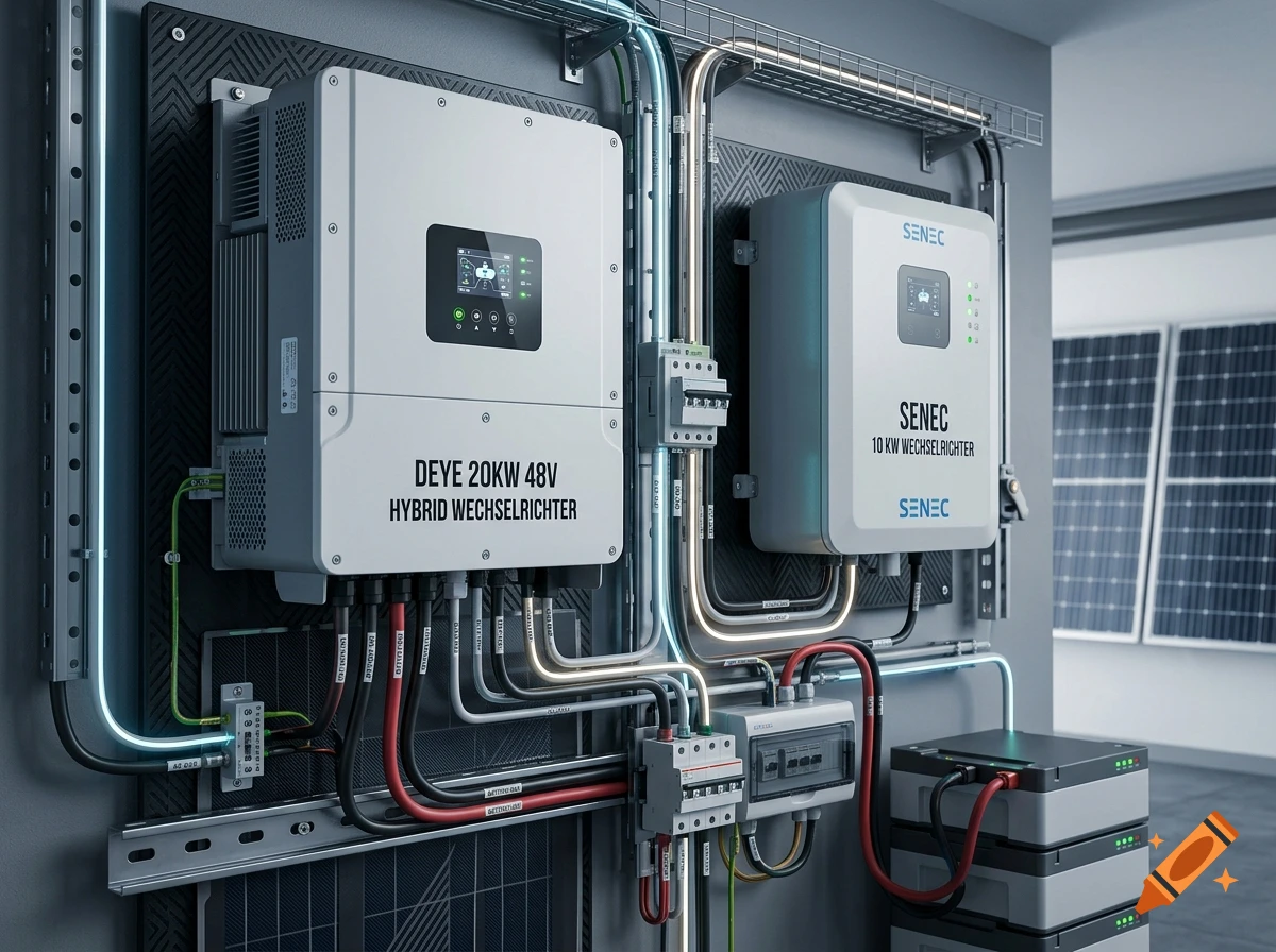 Photorealistic image of a solar power inverter system with wiring, Deye and Senec units on a wall.