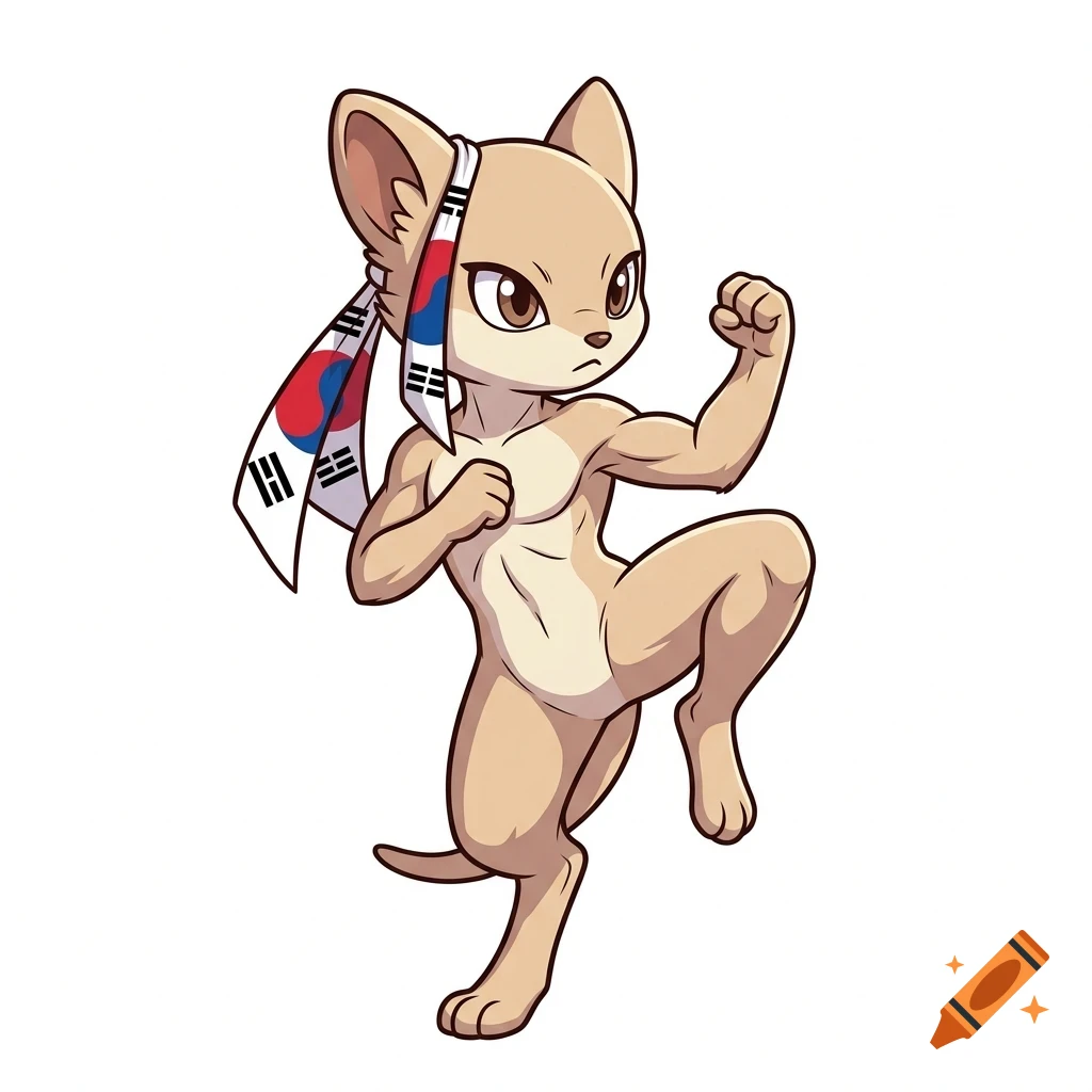 An anthropomorphic cat wearing a South Korean flag headband in a martial arts fighting pose.
