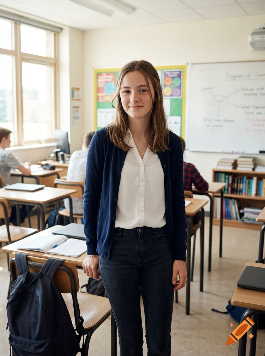 Photorealistic medium shot of a teenage girl standing in a classroom, wearing a dark blue cardigan and white shirt, smiling at the camera.