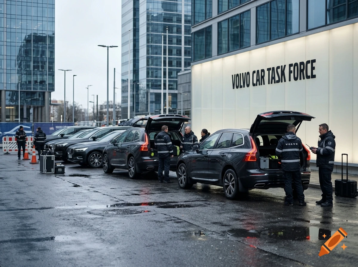 A lineup of dark-colored Volvo SUVs parked outside an office building with staff members standing near the open trunks on a wet street.