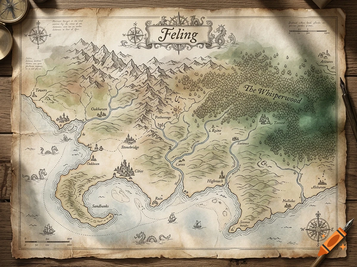 An illustrated fantasy map of a fictional land named Feling, showing mountains, forests, rivers, and coastal areas on aged paper.