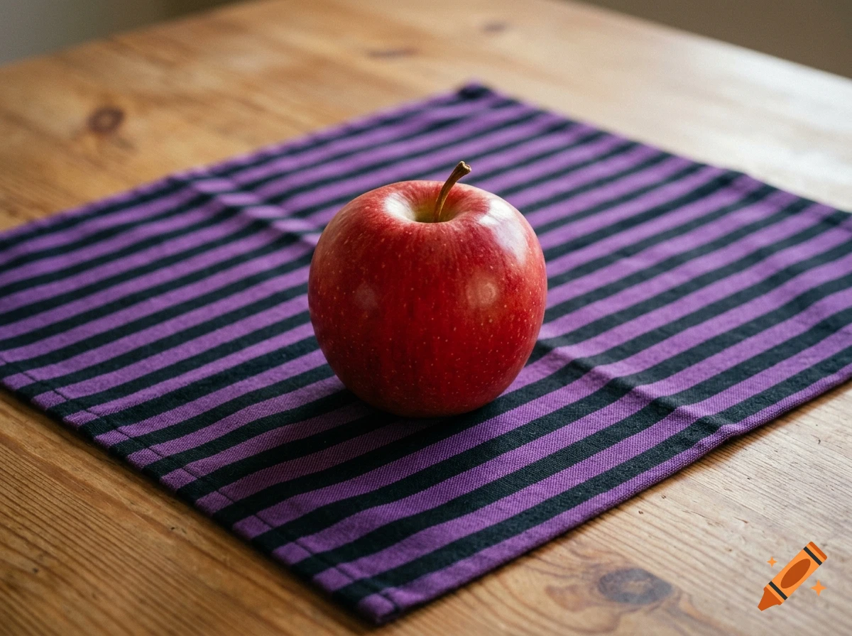 A red apple resting on a purple and black striped placemat over a wooden table.