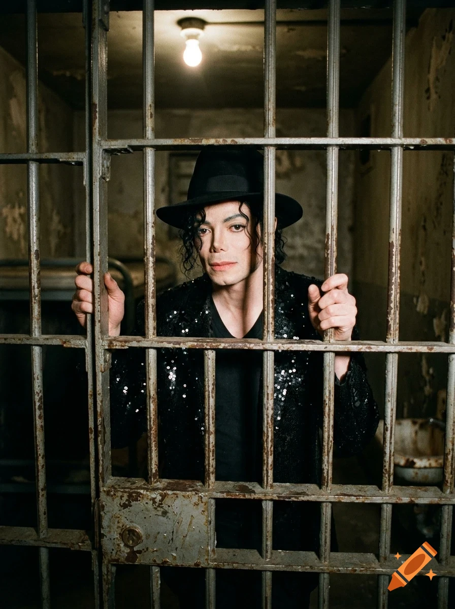 A person wearing a black hat and a sparkly jacket stands behind prison cell bars in a dim room.