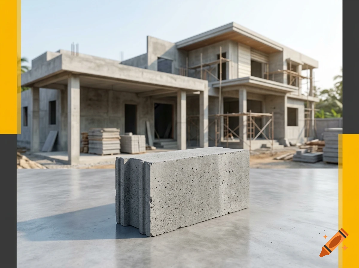 Commercial marketing poster featuring a single gray concrete building block in the foreground with a modern house under construction in the background.