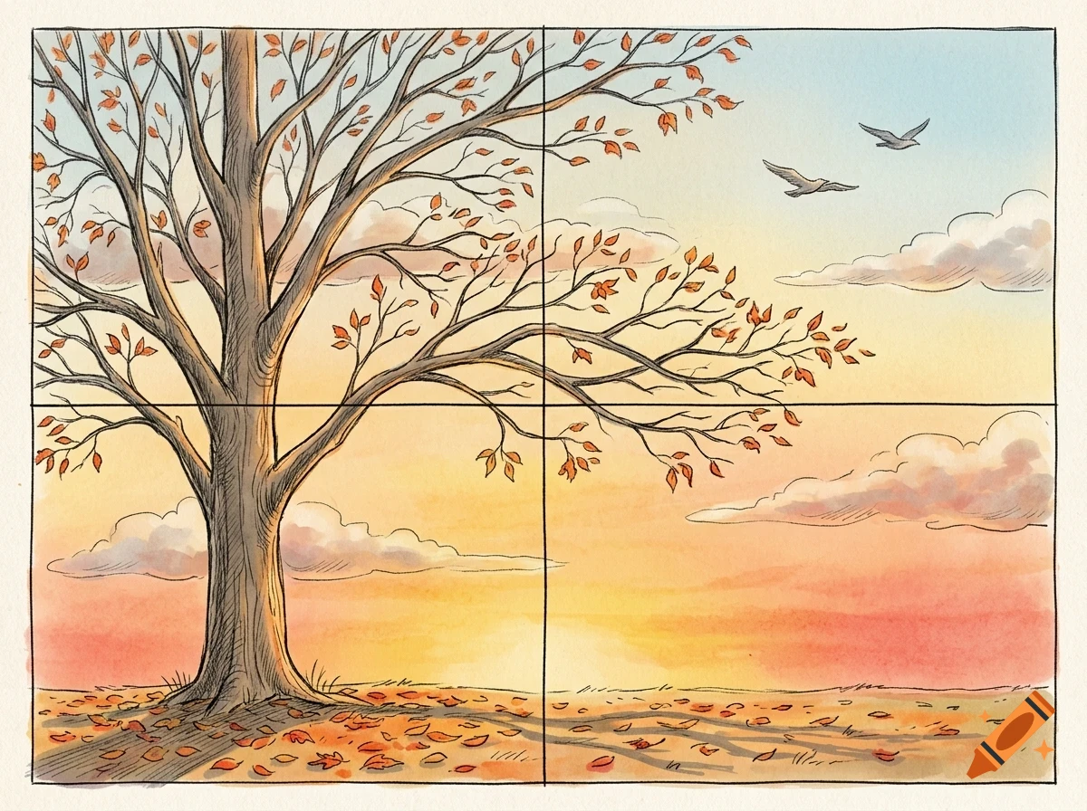 An autumnal landscape illustration showing a large tree with falling orange leaves, birds flying in the sunset sky, and scattered leaves on the ground.