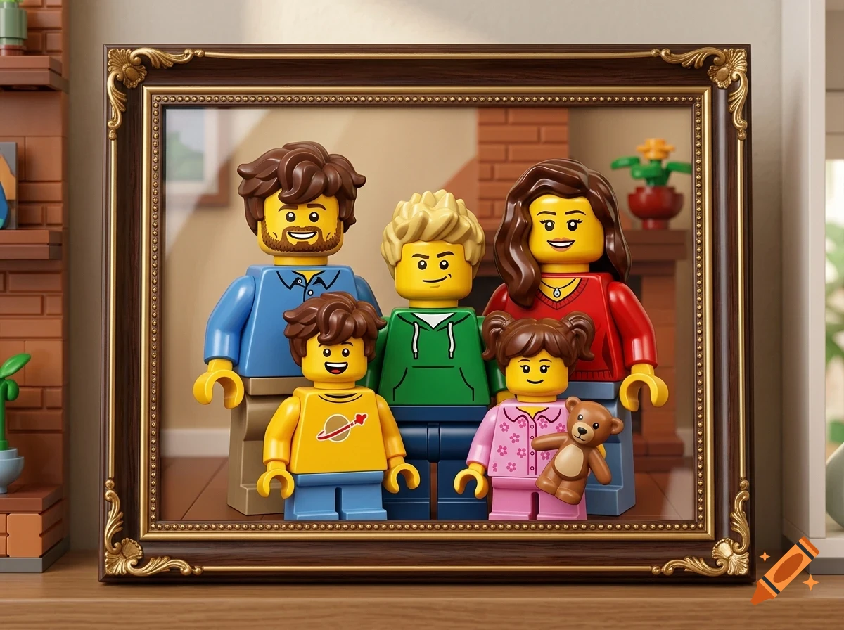 A framed picture of a family of five LEGO minifigures standing together smiling.
