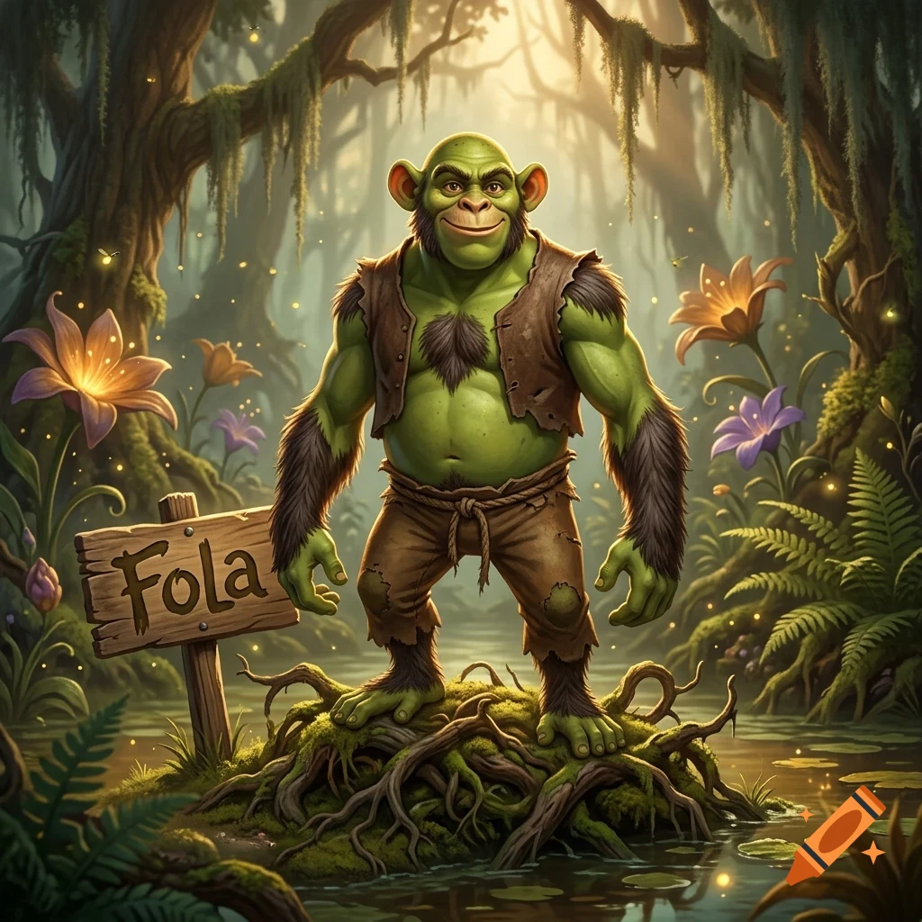 A green fantasy creature standing on a mossy root in a forest with flowers and a wooden sign reading Fola.