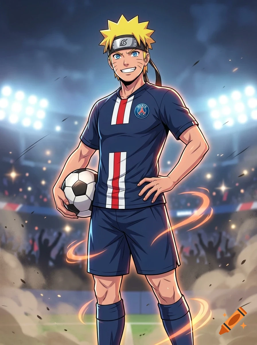 An anime-style character resembling Naruto wearing a soccer uniform with a Paris Saint-Germain crest, holding a soccer ball in a stadium.
