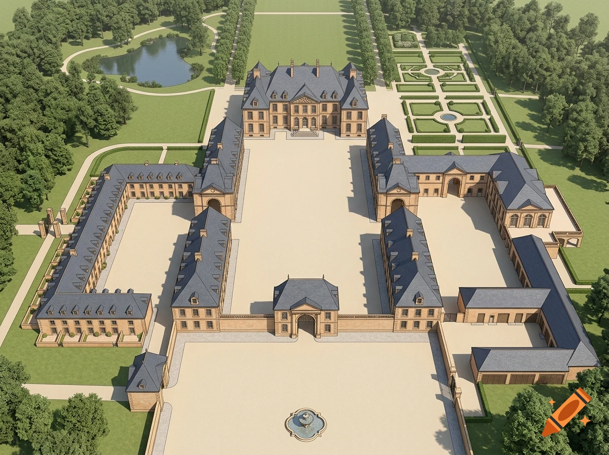 Aerial view of a large European estate with a central courtyard, manor house, and symmetrical wings surrounded by trees and gardens.