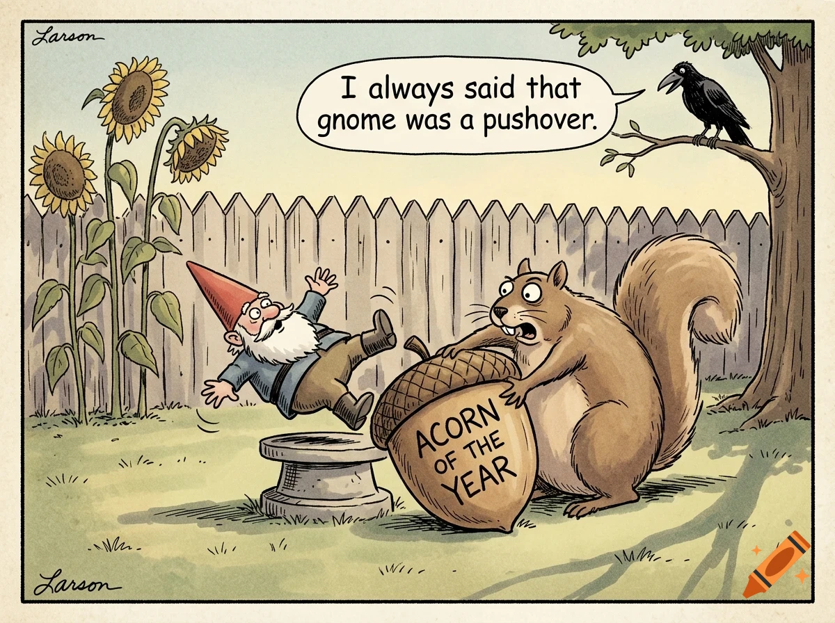 A cartoon panel showing a squirrel pushing a giant acorn labeled Acorn of the Year into a garden gnome, causing the gnome to tumble backward over a birdbath while a crow on a tree branch looks on with a speech bubble saying I always said that gnome was a pushover.