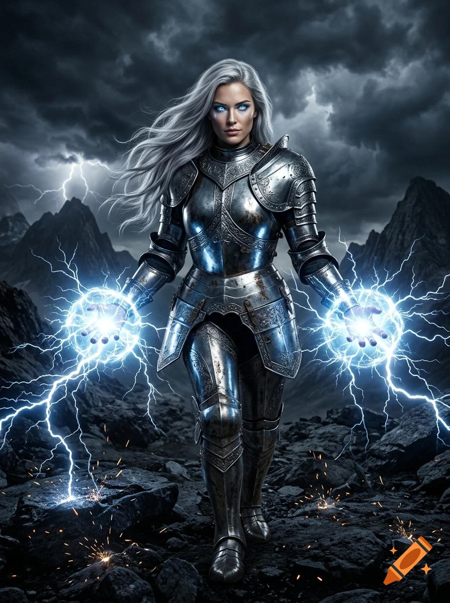 A female warrior in polished metal armor stands amidst rocky mountains under a stormy sky, holding glowing blue lightning orbs in both hands.