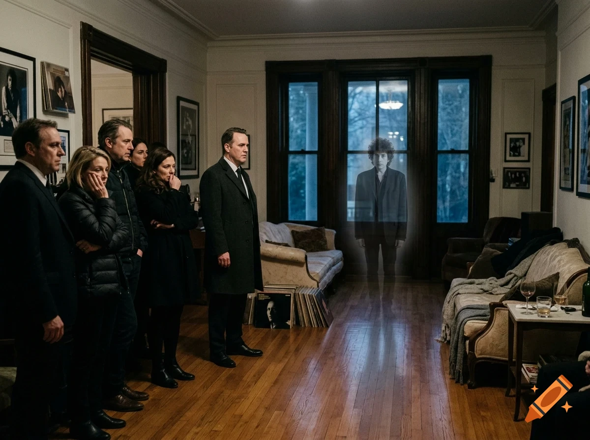 A group of people in formal attire stand in a living room, looking toward a semi-transparent ghost standing in front of a window.