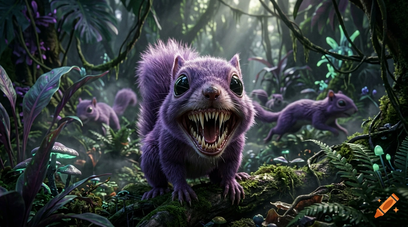 Photorealistic scene of a purple sci-fi alien squirrel with sharp teeth, hunting with a pack in a dense jungle.