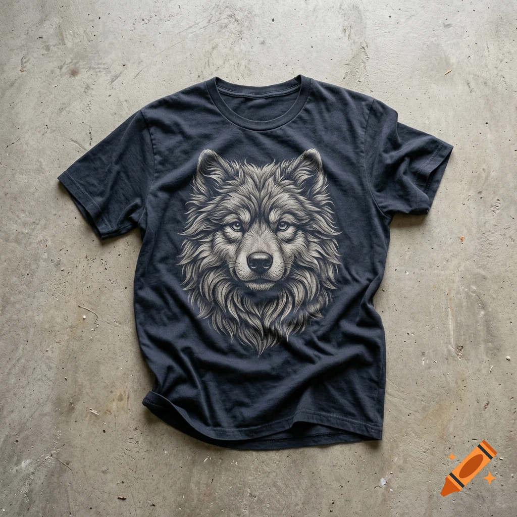 A dark gray t-shirt with a detailed, stylized wolf face illustration on the front, lying on a concrete surface.