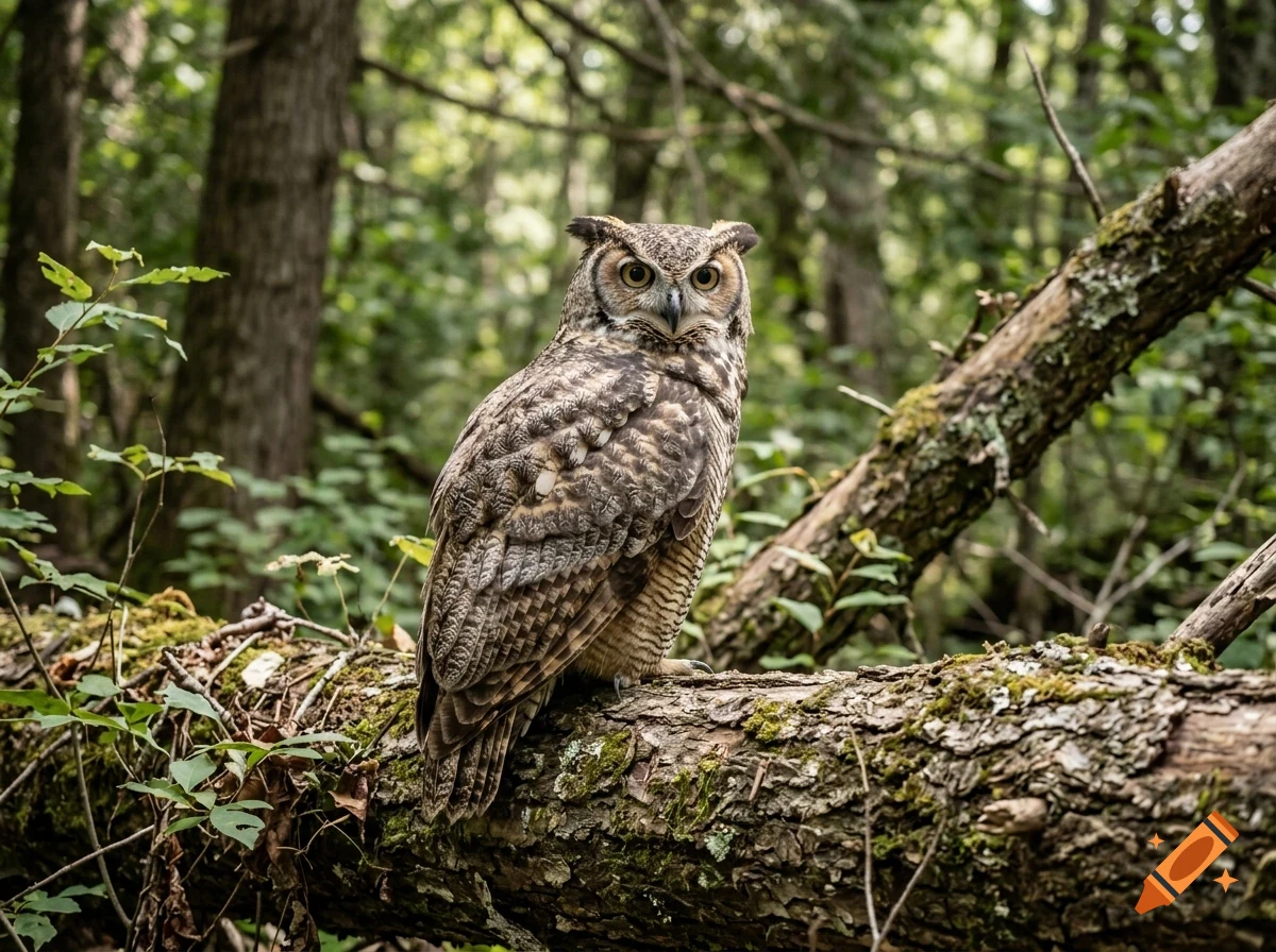 A great horned owl perched on a mossy log in a dense forest.