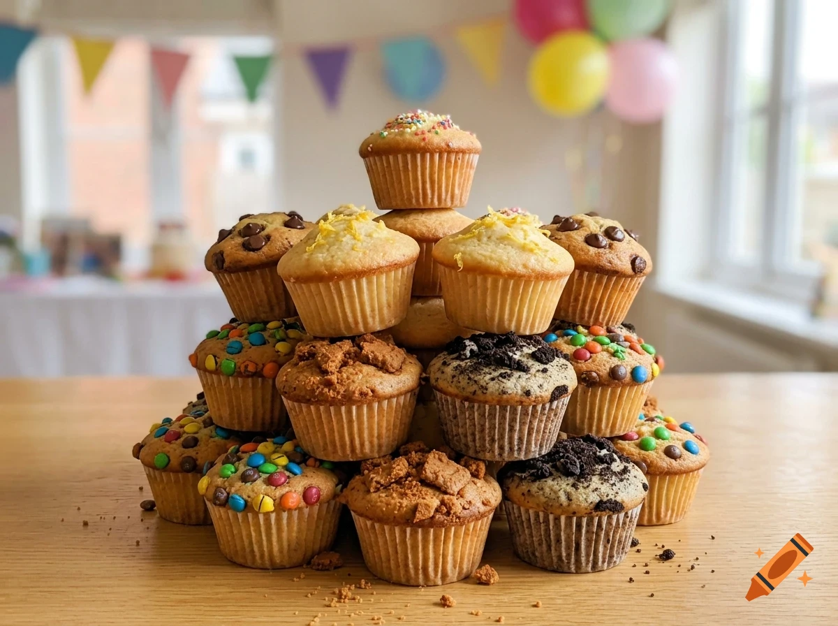 A large pyramid stack of various flavored cupcakes on a wooden table, with colorful party decorations and balloons blurred in the background.