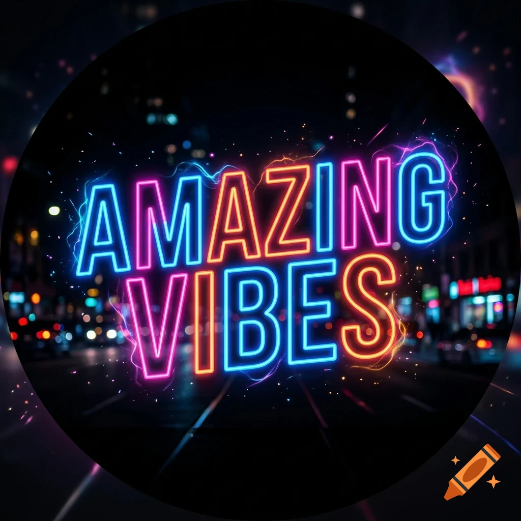 Neon glowing text reading 'AMAZING VIBES' set against a blurred nighttime city street backdrop within a circular frame.