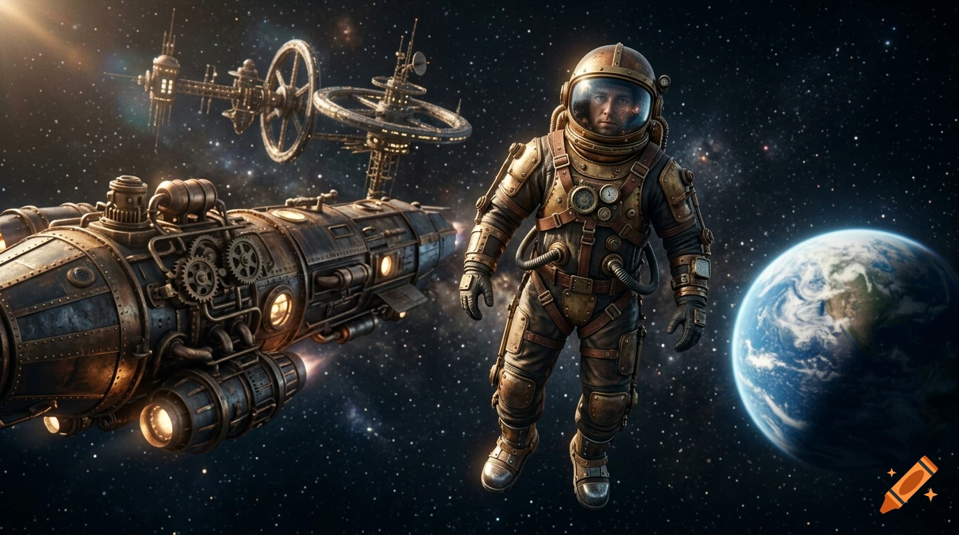 A steampunk astronaut floating in space with a steampunk spaceship, space station, and planet Earth in the background.