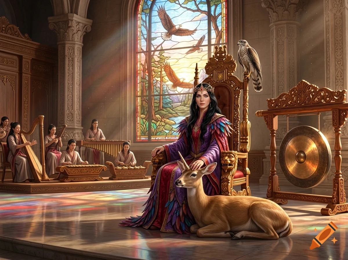 A queen wearing a crown and elaborate purple dress sits on a golden throne in a grand hall, petting a resting deer with a single horn. Musicians play traditional instruments in the background, a falcon perches on the throne, and stained glass windows depict soaring eagles.