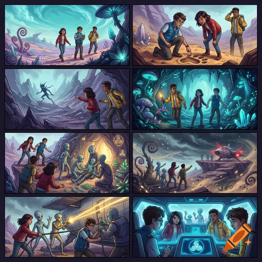A comic strip illustrating three teenagers exploring an alien planet and encountering friendly extraterrestrials.